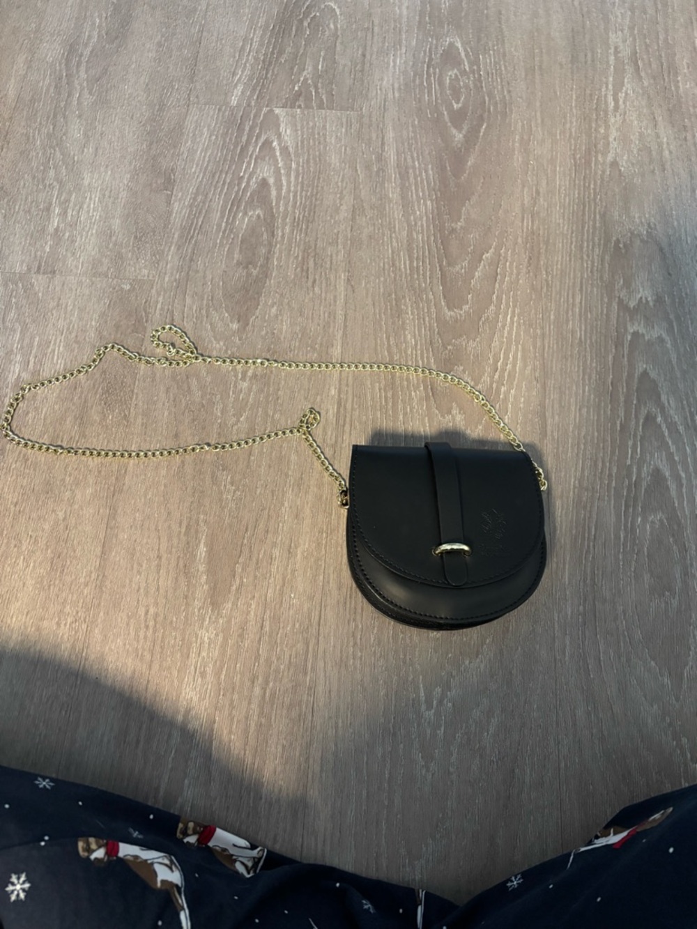 Black Leather Crossbody Bag with Gold Chain